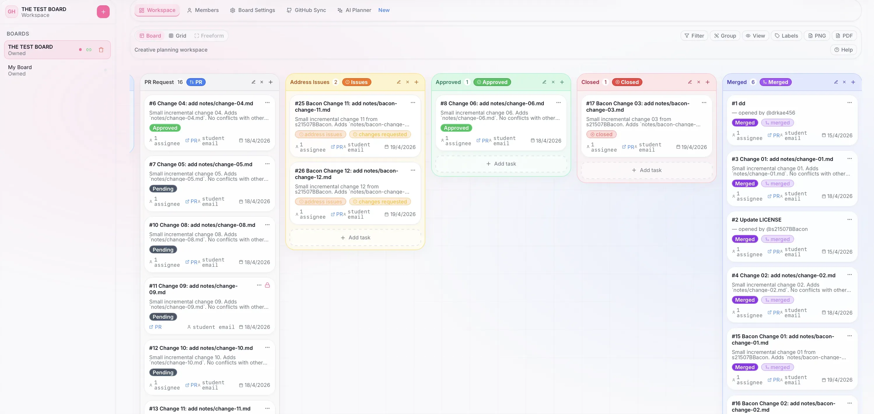 The GH Planner board with columns for each pull request stage